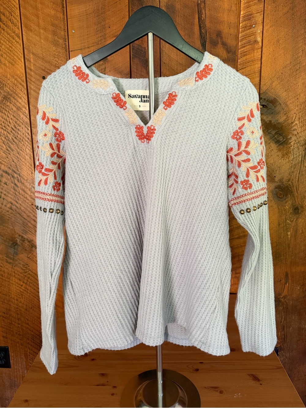 Savanna Jane Embroidered Studded Waffle Thermal Top Blue Boho Western Small S